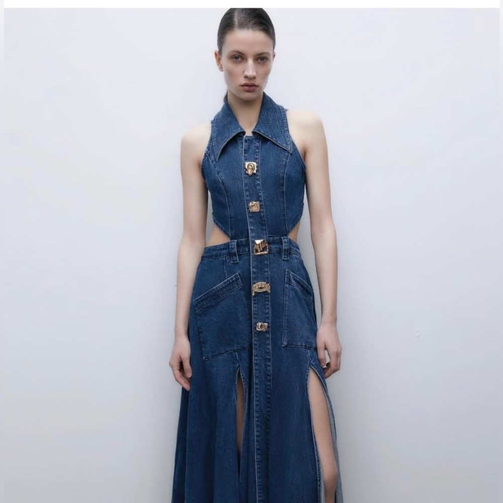 Amazon Dark Blue Denim Jumpsuit with Gold Accent Buttons